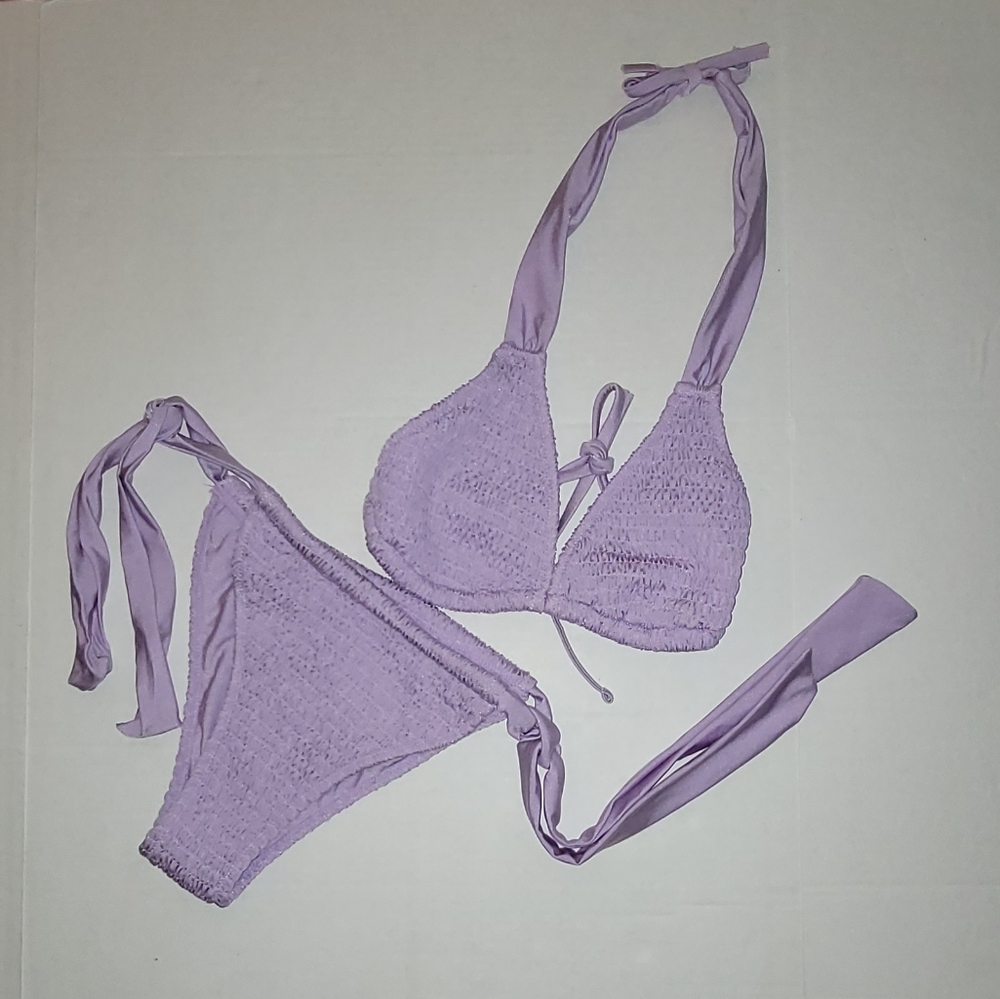 Zaful Lavender Lilac Bikini Smocked Satin Strap Fully Adjustable Ties Purple